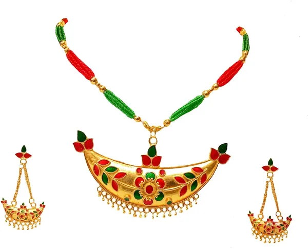 Assamese_Traditional_Gold_Plated_Red_Green_Colour_Joonbiri_Tassel_Jewellery_Set_For_Women